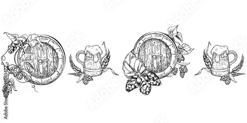 Wooden beer barrel and bunch of wheat ears black white repeated border isolated. Tankard with hops vine and cones vector seamless banner hand drawn for design label, textile, packaging, Oktoberfest.