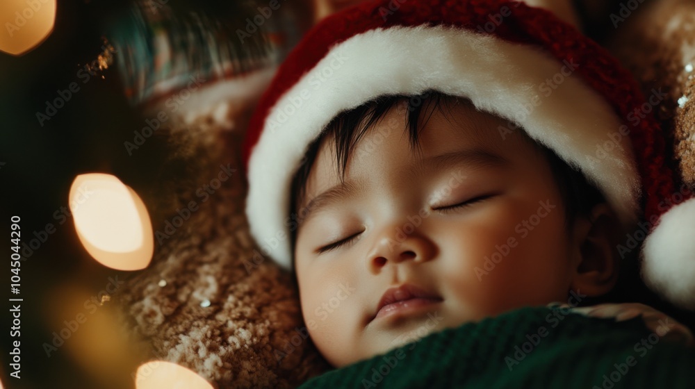 心地よいホリデーシーズンにサンタの帽子をかぶって眠る安らかな赤ちゃん 心地よいホリデーシーズンにサンタの帽子をかぶって眠る安らかな赤ちゃん