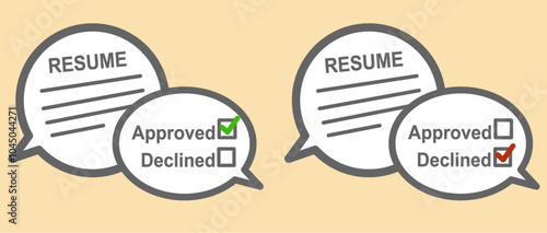 Approved and rejected interview application for job offer. Red checklist for rejected and green for approved stamp vector flat icon illustration.