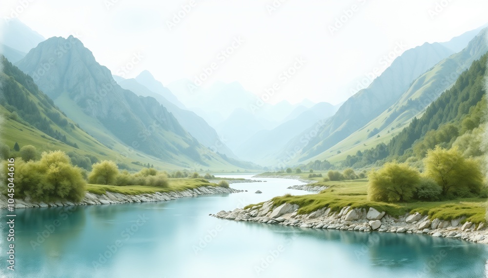 Fototapeta premium Tranquil river valley, serene landscape of natural beauty