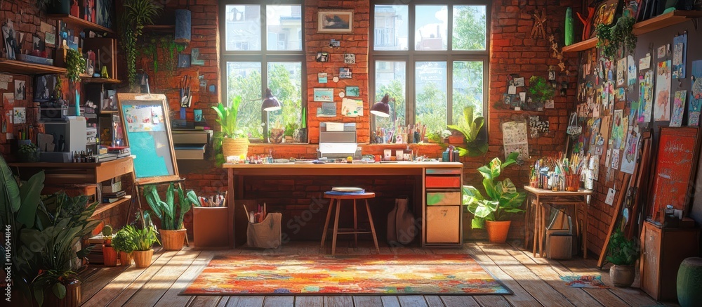 A cozy and bright home office with a wooden desk, a laptop, and plants. There are shelves with decorations on the walls. A cozy and bright home office with a wooden desk, a laptop, and plants. There are shelves with decorations on the walls.