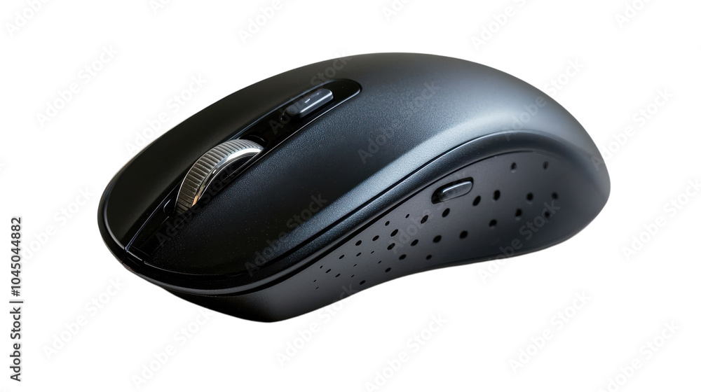 Sleek black wireless mouse resting on a modern desk with a minimalist design Sleek black wireless mouse resting on a modern desk with a minimalist design