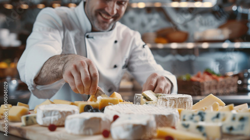 A happy chef making a cheese platter, viewed from a close-up perspective