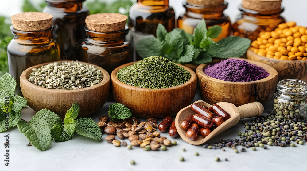 An Assortment of Natural Healing Herbs with Sections of Leaves, Roots, and Flowers Arranged Neatly. Symbolizing Holistic Medicine, Herbal Remedies, and Organic Wellness.
An Assortment of Natural Healing Herbs with Sections of Leaves, Roots, and Flowers Arranged Neatly. Symbolizing Holistic Medicine, Herbal Remedies, and Organic Wellness.