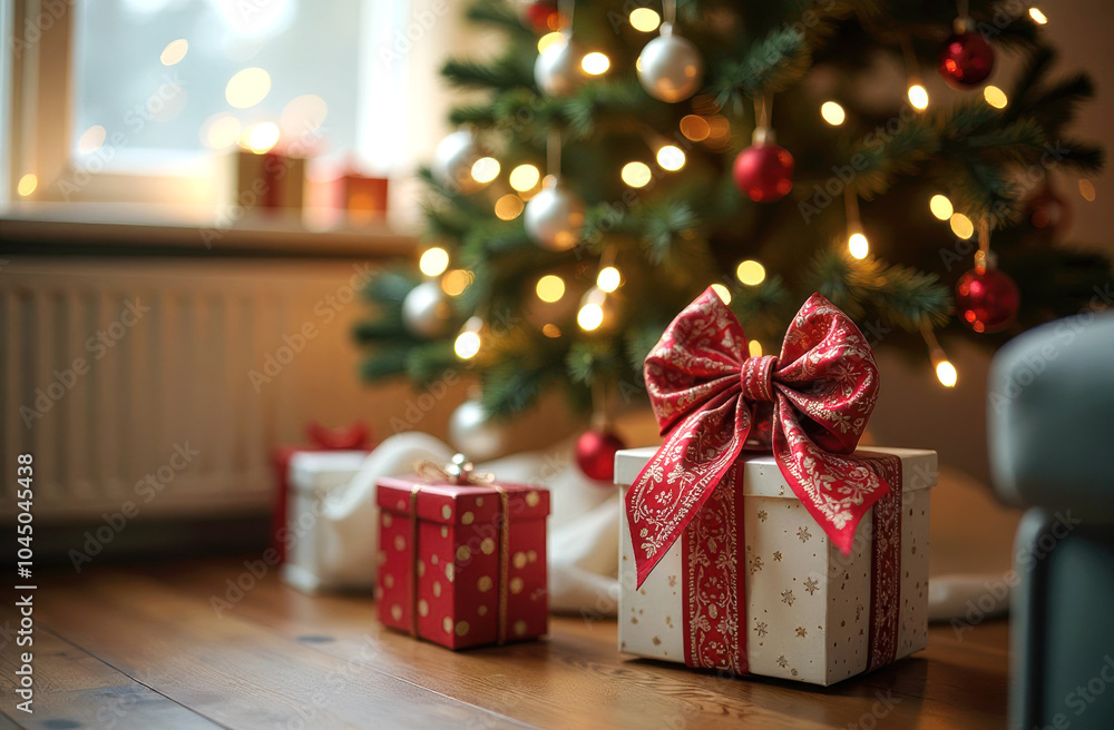 gift boxes against the backdrop of a Christmas tree, cozy living room decorated for Christmas and New Year gift boxes against the backdrop of a Christmas tree, cozy living room decorated for Christmas and New Year