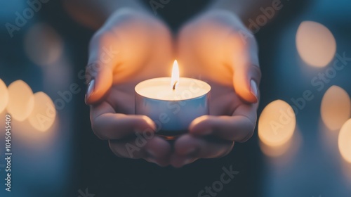 female teen hands holding burning candle in the dark
