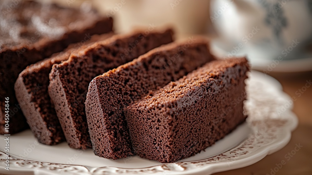 Delicious chocolate pound cake, sliced and ready to be enjoyed on a plate. Delicious chocolate pound cake, sliced and ready to be enjoyed on a plate.