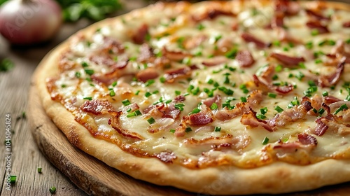 Close-up of a delicious Flammkuchen with crispy bacon and onions