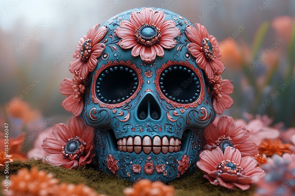 Fototapeta premium Blue Skull with Beautiful Floral Accents