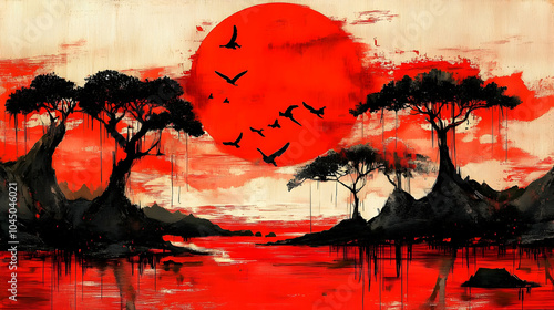 Red Sunset Landscape Illust...