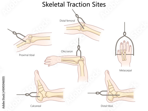  skeletal traction sites on the human body, including proximal tibial, calcaneal, and metacarpal areas diagram hand drawn schematic vector illustration. Medical science educational illustration