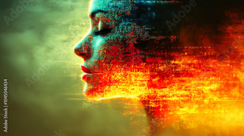 Wallpaper Mural A profile view showing a silhouette intertwined with fiery digital colors, symbolizing energy and passion through an imaginative burst of modern abstract art. Torontodigital.ca