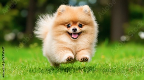 Playful Pomeranian Puppy Running on Green Grass