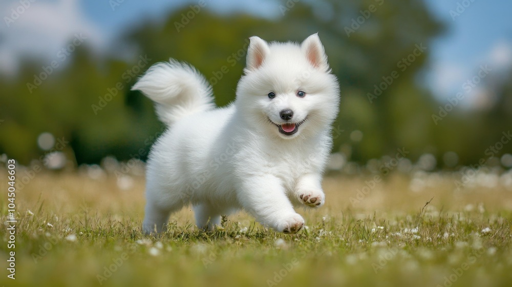 Playful Samoyed Puppy Running in a Sunny Field Playful Samoyed Puppy Running in a Sunny Field