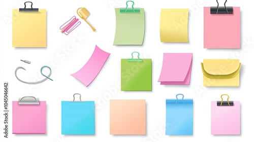 Colorful stickers, pushpin, paper clip, and curled note papers with empty space for your message. 