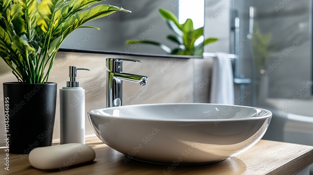 Fototapeta premium Modern bathroom sink with chrome faucet and soap dispenser.