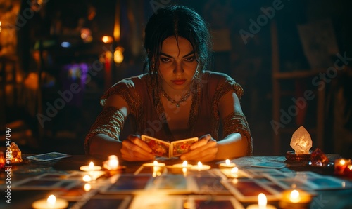 Woman reading tarot cards by candlelight.