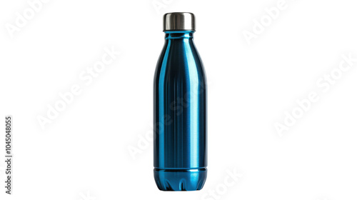 Sleek metallic blue water bottle standing tall on a minimalist backdrop in natural light reflection