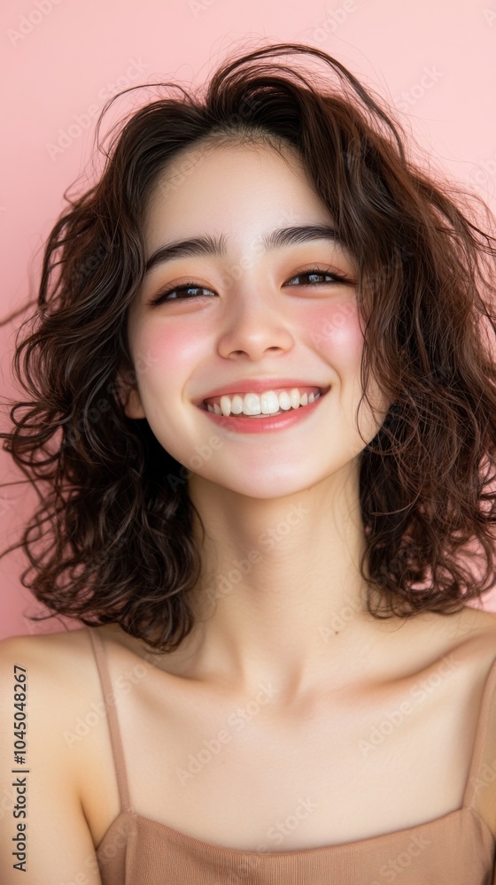 ピンクの背景に巻き毛の笑顔の若い女性 ピンクの背景に巻き毛の笑顔の若い女性