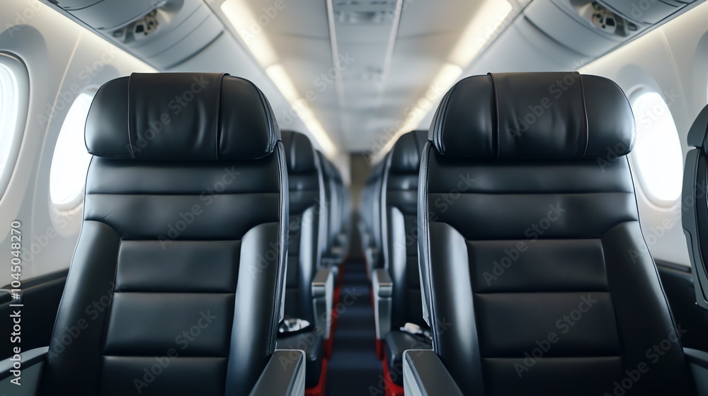 An empty airplane cabin with black leather seats and windows. An empty airplane cabin with black leather seats and windows.