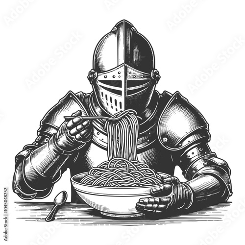 medieval knight in full armor enjoying a bowl of spaghetti, historical imagery with humorous elements sketch engraving generative ai vector illustration. Scratch board imitation. Black and white image