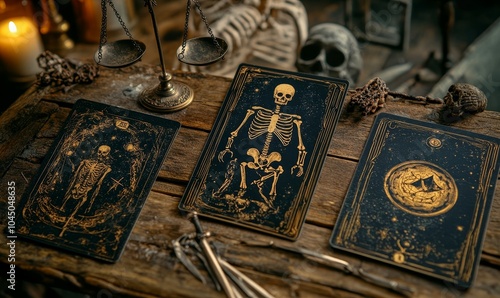 Tarot cards, a scale, and skulls on wood.