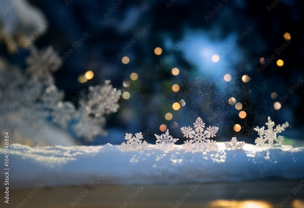 A cluster of delicate snowflakes rests upon a snowy surface, illuminated by a soft glow of twinkling lights. A cluster of delicate snowflakes rests upon a snowy surface, illuminated by a soft glow of twinkling lights.