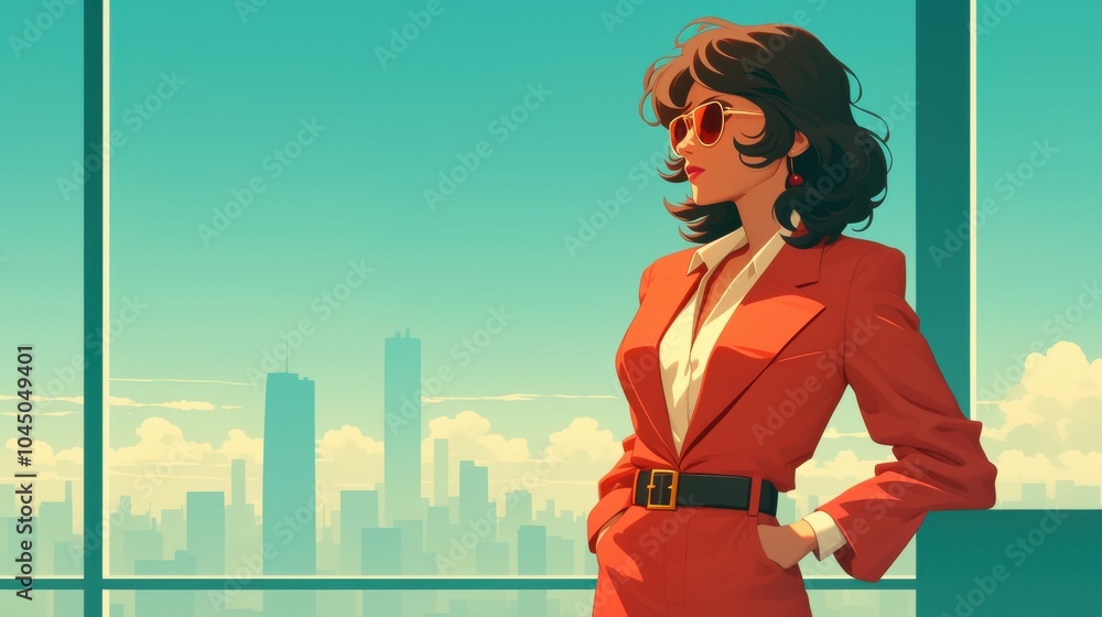 A powerful 1980s businesswoman in a bold red suit, standing in front of floor-to-ceiling windows, the city skyline reflecting in her aviator sunglasses ,clean background A powerful 1980s businesswoman in a bold red suit, standing in front of floor-to-ceiling windows, the city skyline reflecting in her aviator sunglasses ,clean background