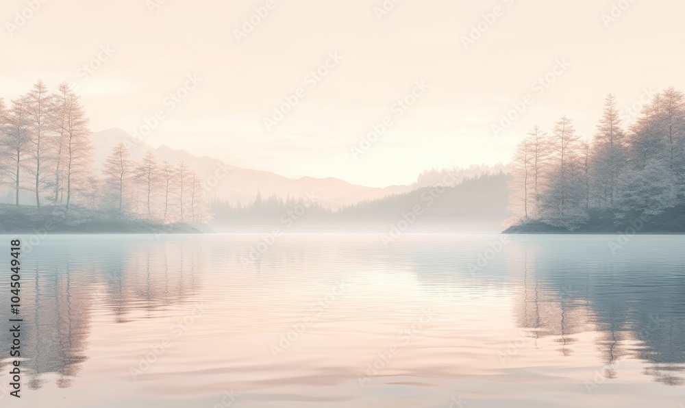 Fototapeta premium Misty lake and trees reflecting in water.
