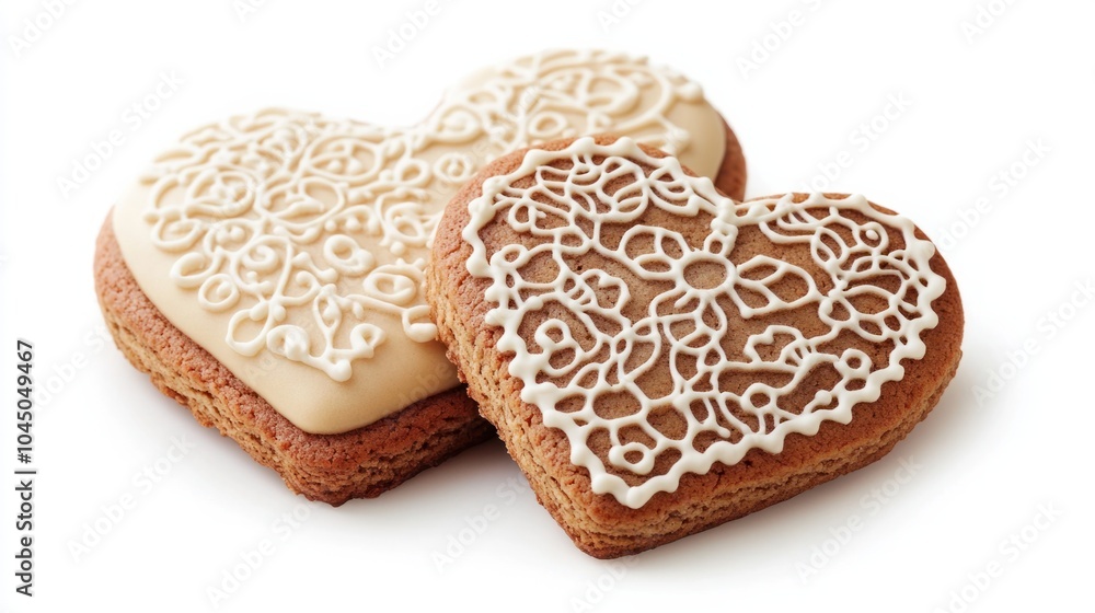 Festive heart-shaped cookies with intricate lace icing for Valentine 2025, isolated on white background Festive heart-shaped cookies with intricate lace icing for Valentine 2025, isolated on white background