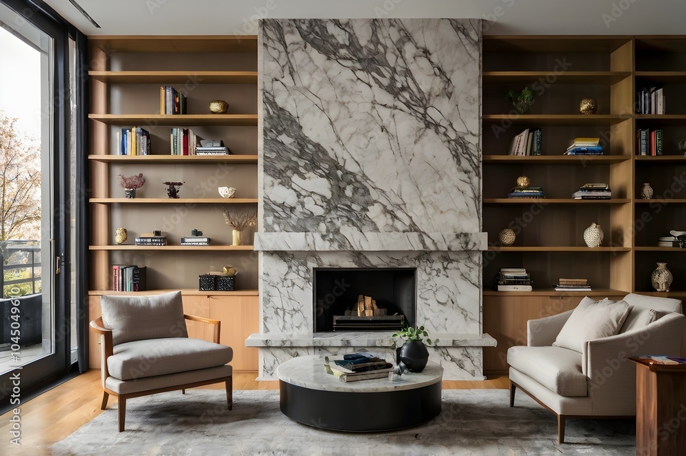 Modern living room with marble wall fireplace and stylish bookcase. Modern living room with marble wall fireplace and stylish bookcase.