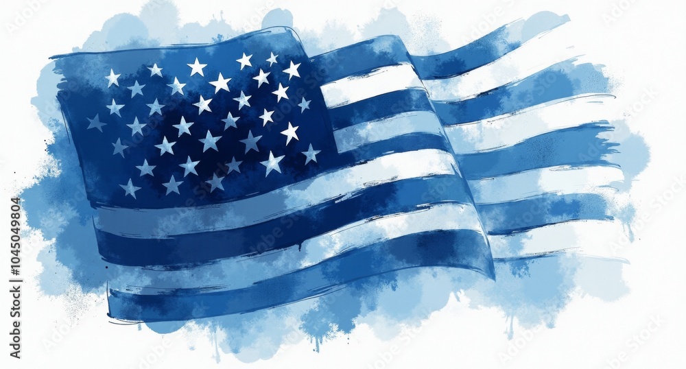 Obraz premium Unity in blue and white with dynamic brushstrokes and the American flag, symbolizing collective strength and patriotism. Texture overlays enhance spatial complexity and visual hierarchy.