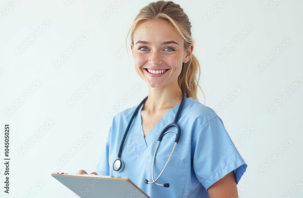 portrait of a female smiling doctor with stethoscope and clipboard on a white background portrait of a female smiling doctor with stethoscope and clipboard on a white background