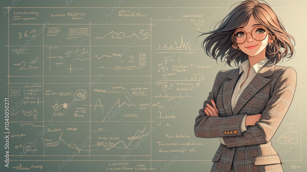 Fototapeta premium Confident 1960s businesswoman in a checkered suit, standing in front of a chalkboard filled with business charts, radiating authority and knowledge ,clean background
