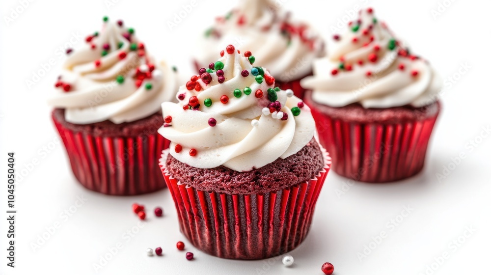 Festive red velvet cupcakes with cream cheese frosting and holiday sprinkles, isolated on white background Festive red velvet cupcakes with cream cheese frosting and holiday sprinkles, isolated on white background