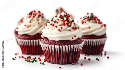 Festive red velvet cupcakes with cream cheese frosting and holiday sprinkles, isolated on white background