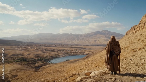 a traveler walks through a mountainous desert to the city of Sodom photo