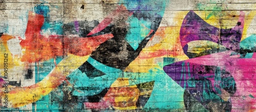 Colorful abstract graffiti artwork on a weathered brick wall.