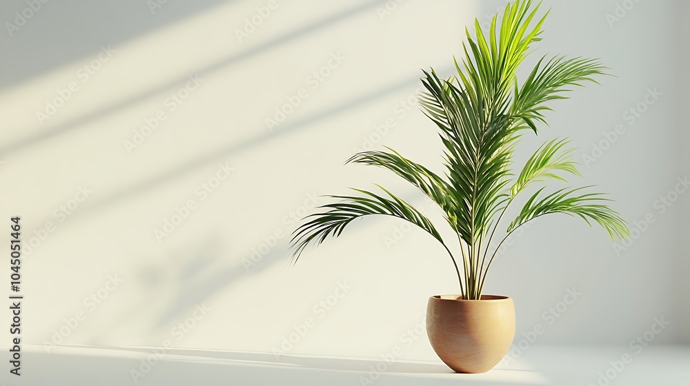 A potted palm tree stands in front of a white wall, casting shadows from sunlight streaming in from a window. A potted palm tree stands in front of a white wall, casting shadows from sunlight streaming in from a window.