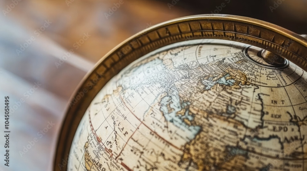 Fototapeta premium A vintage globe in close-up, with detailed maps symbolizing exploration, travel, and the desire to discover new places