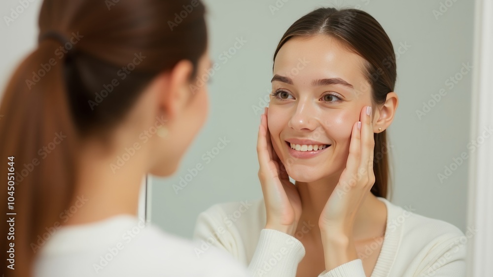 Radiant Reflection: Young Woman Examining Her Skin in a Soft Setting Radiant Reflection: Young Woman Examining Her Skin in a Soft Setting