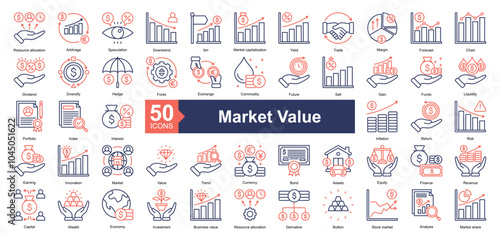 Market Value icon collection set. Containing Resource allocation, Arbitrage, Speculation, Downtrend, Ipo, Market capitalization, Yield, Trade, Margin icon. Simple color lineal blue illustration.