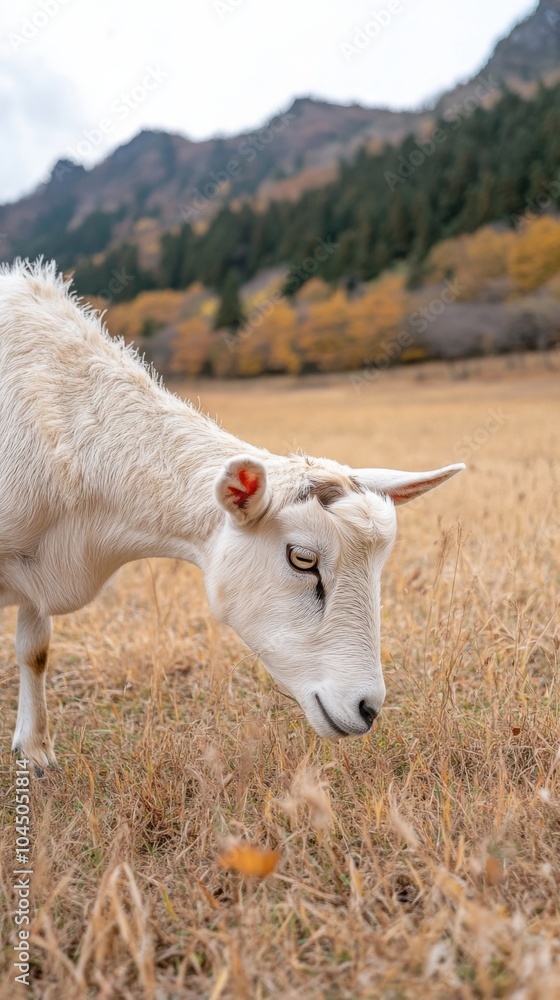 Obraz premium 山の景色を望む秋の牧草地で草を食む白ヤギ