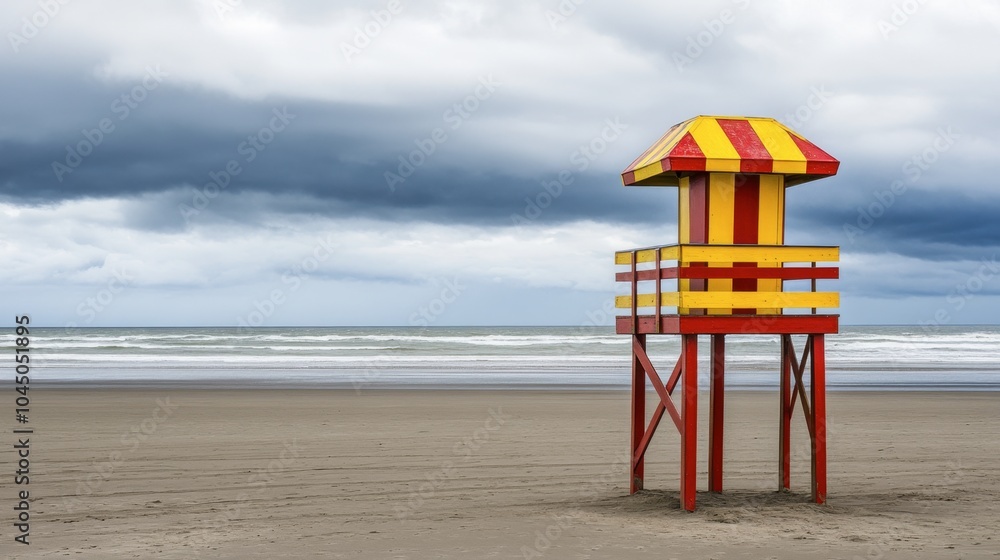 Colorful Lifeguard Tower on Sandy Beach Under Clouds Colorful Lifeguard Tower on Sandy Beach Under Clouds