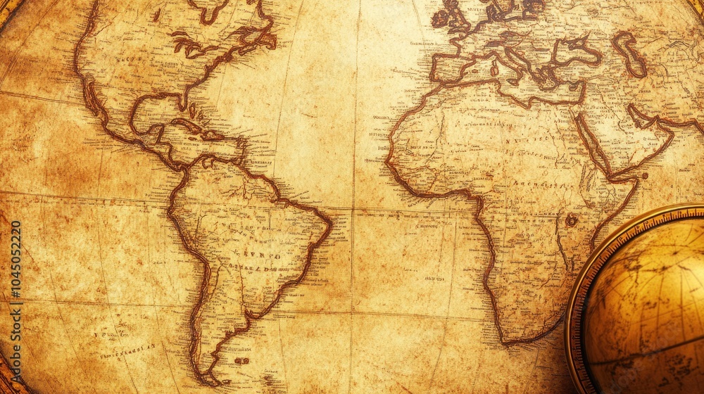 Naklejka premium A close-up of a vintage globe with detailed map markings, evoking the spirit of travel, exploration, and global discovery
