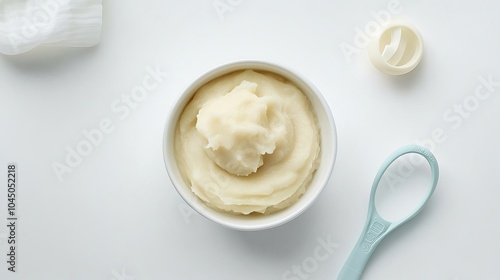 Delectable pureed infant nourishment served in a bowl with a handy spoon, a pacifier for soothing, and a teether for teething relief, all arranged on a pristine white backdrop. 