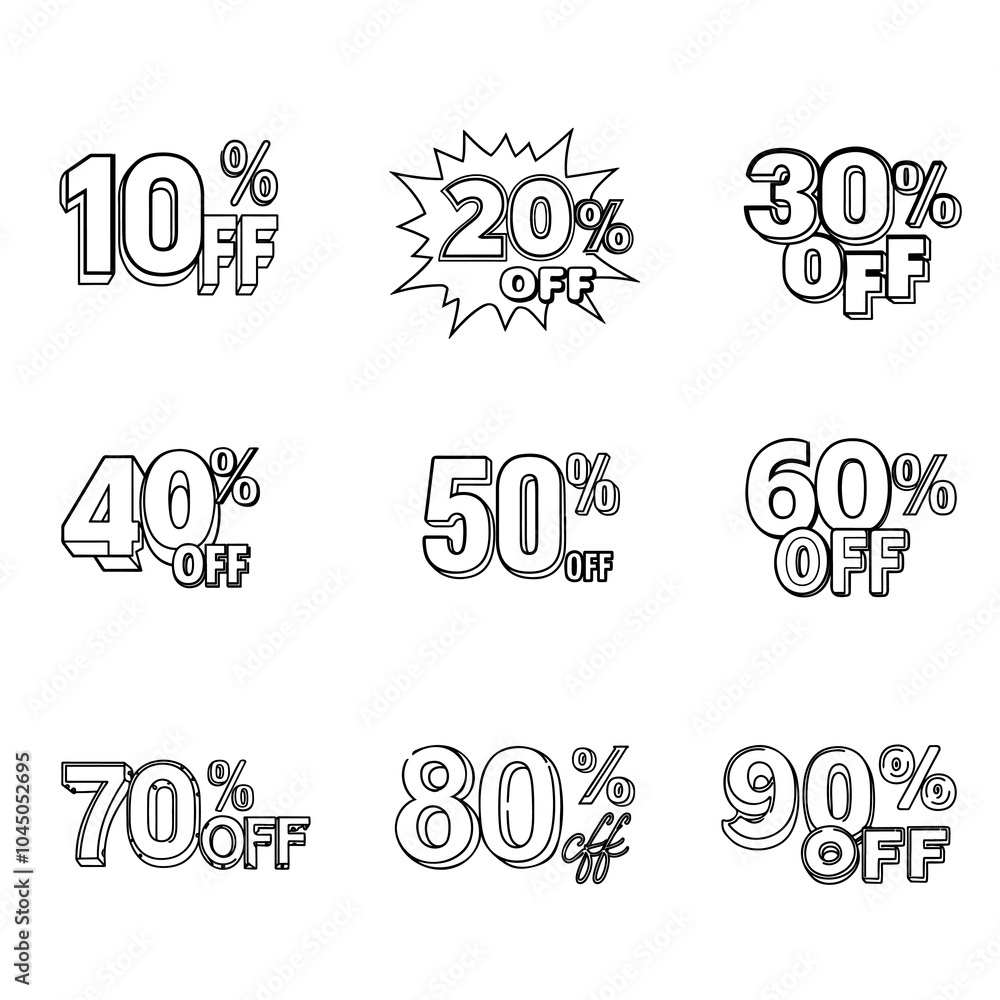 Inscriptions with text from 10% to 90% off. Illustration with a set of line art style sketches for black Friday Inscriptions with text from 10% to 90% off. Illustration with a set of line art style sketches for black Friday