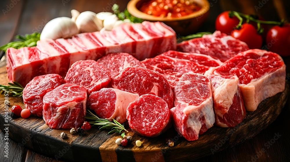 Raw Beef Steaks and Ribs on a Wooden Cutting Board Raw Beef Steaks and Ribs on a Wooden Cutting Board