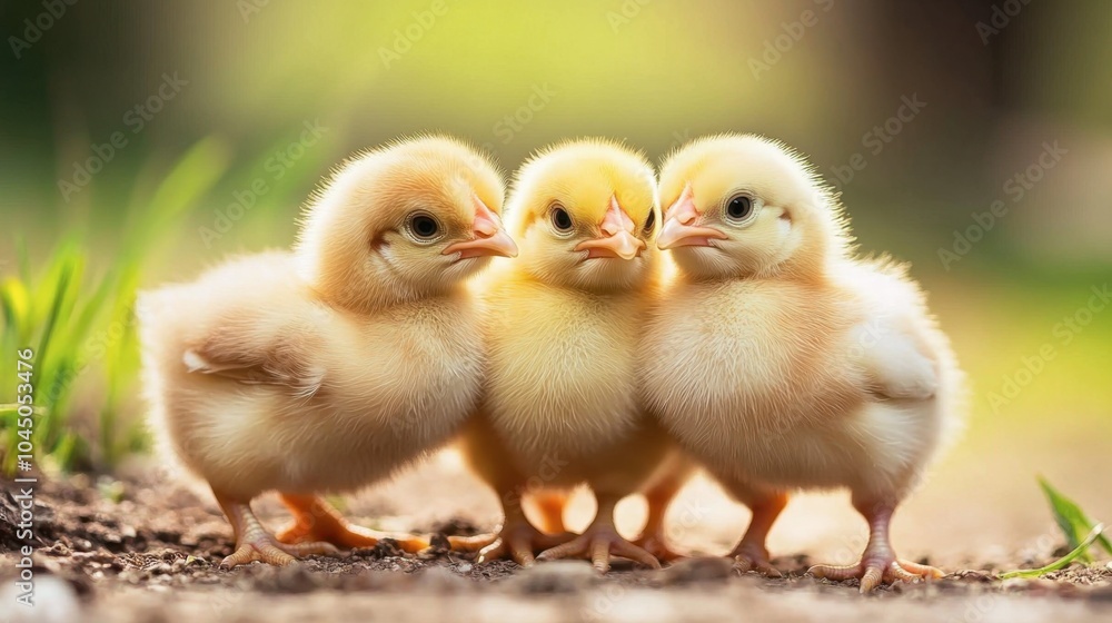 Three Adorable Baby Chicks in Natural Setting Three Adorable Baby Chicks in Natural Setting