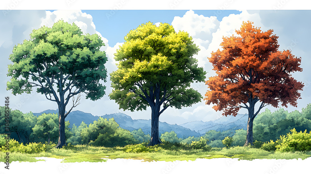 Fototapeta premium Concept Art of Three Trees with Green Leaves and Thick Trunks, Depicting a Lush Forest Scene in a Creative and Artistic Style. 